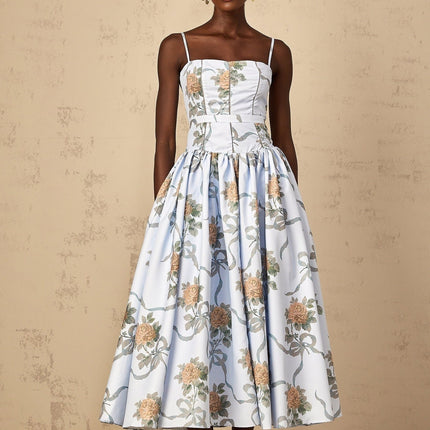 Charleigh Blue Floral Print Midi Dress with Square Neck and Cinched Waist