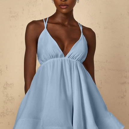 Charleigh Blue Mini Dress V-neck Sleeveless Self-tie Cross-over Straps Shirred Asymmetrical Flounce Hem Thigh Length Slip-on Style Tencel Terylene Fiber High-low Silhouette Statement Piece
