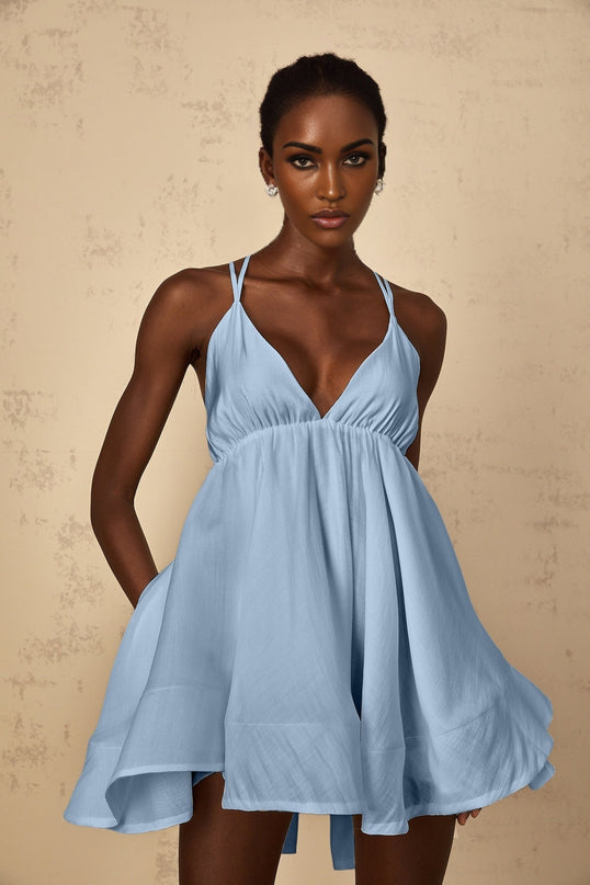 Charleigh Blue Mini Dress V-Neck Sleeveless Self-Tie Asymmetrical Flounce Hem Thigh Length Tencel Terylene Fiber High-Low Silhouette