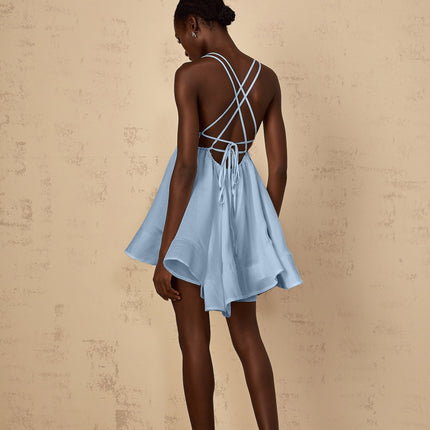 Charleigh Blue Mini Dress V-neck Sleeveless Self-tie Straps Shirred Asymmetrical Flounce Hem Thigh Length Tencel Terylene High-low Silhouette Statement Piece