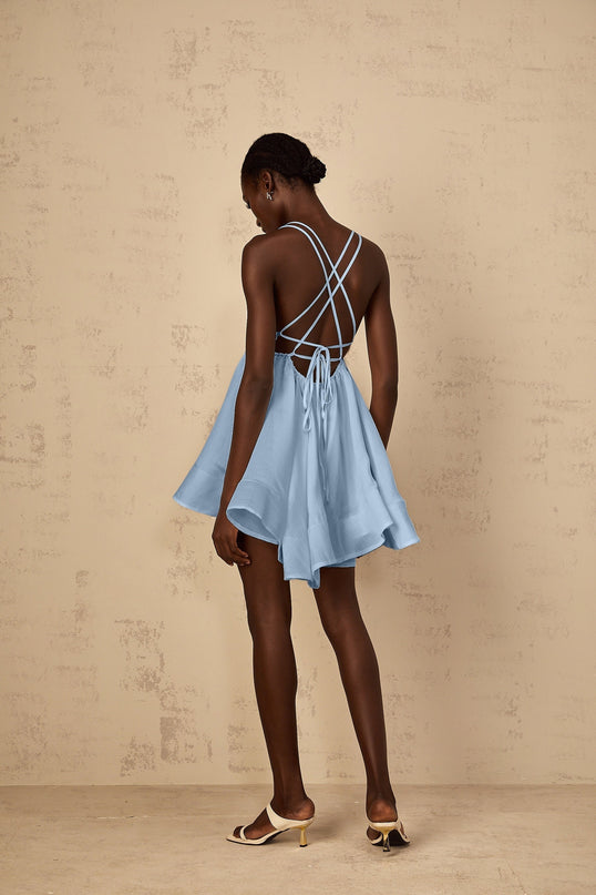 Charleigh Blue Mini Dress V-neck Sleeveless Self-tie Straps Shirred Asymmetrical Flounce Hem Thigh Length Tencel Terylene High-low Silhouette Statement Piece