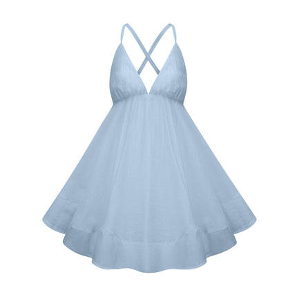 Charleigh Blue Mini Dress V-neck Sleeveless Self-tie Straps Shirred Asymmetrical Flounce Hem Thigh Length Tencel Terylene High-low Silhouette Statement Piece