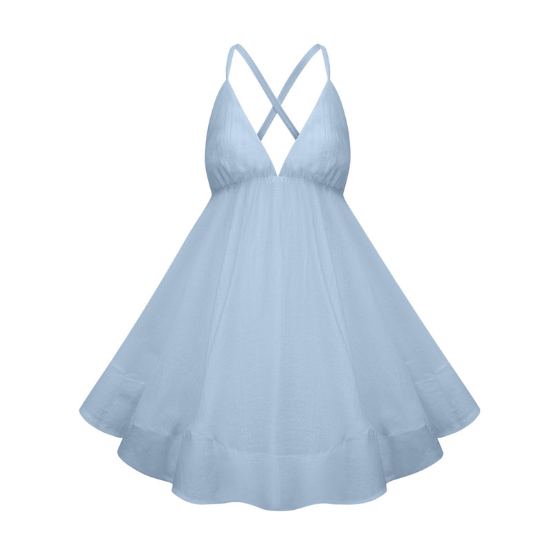 Charleigh Blue Mini Dress V-neck Sleeveless Self-tie Straps Shirred Asymmetrical Flounce Hem Thigh Length Tencel Terylene High-low Silhouette Statement Piece