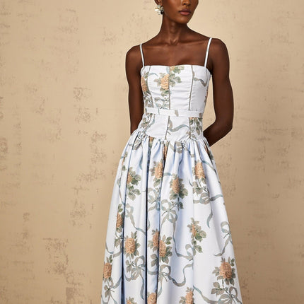 Charleigh Blue Multicolor Floral Print Midi Dress with Square Neck and Cinched Waist