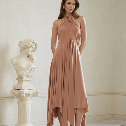 Charleigh Brown Halter Neck Convertible Midi Dress in Khaki Polyester Spandex Slinky Jersey
