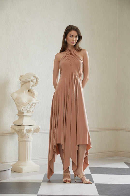 Charleigh Brown Halter Neck Convertible Midi Dress in Khaki Polyester Spandex Slinky Jersey
