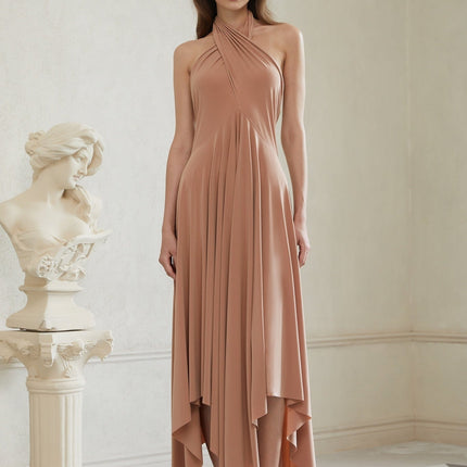 Charleigh Brown Halter Neck Midi Dress in Khaki Polyester Spandex