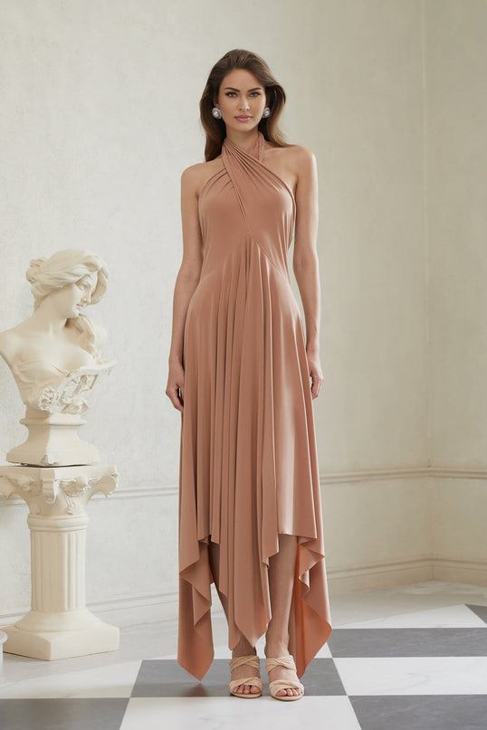Charleigh Brown Halter Neck Midi Dress in Khaki Polyester Spandex
