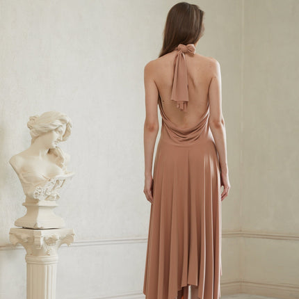 Charleigh Brown Halter Neck Midi Dress in Khaki Polyester Spandex Slinky Jersey
