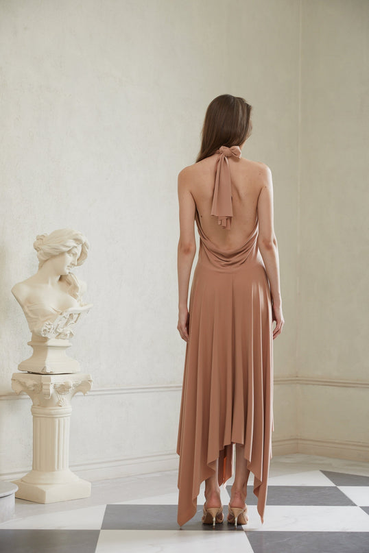 Charleigh Brown Halter Neck Midi Dress in Khaki Polyester Spandex Slinky Jersey
