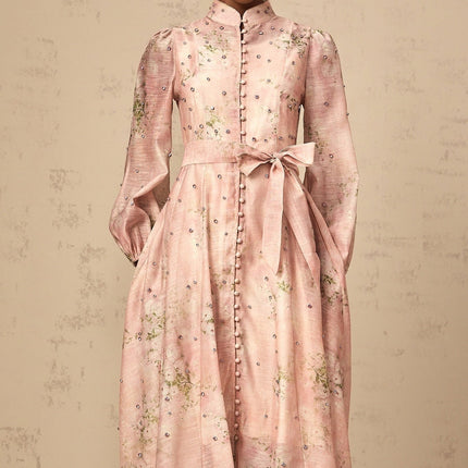 Charleigh Pink Floral Midi Dress Crystal Embellishments Puff Sleeves Mock Neck Tied Waist Floral Print Button Detailing Slip Dress Side Slit Pockets Front Button Fastening Calf Length Mixed Linen