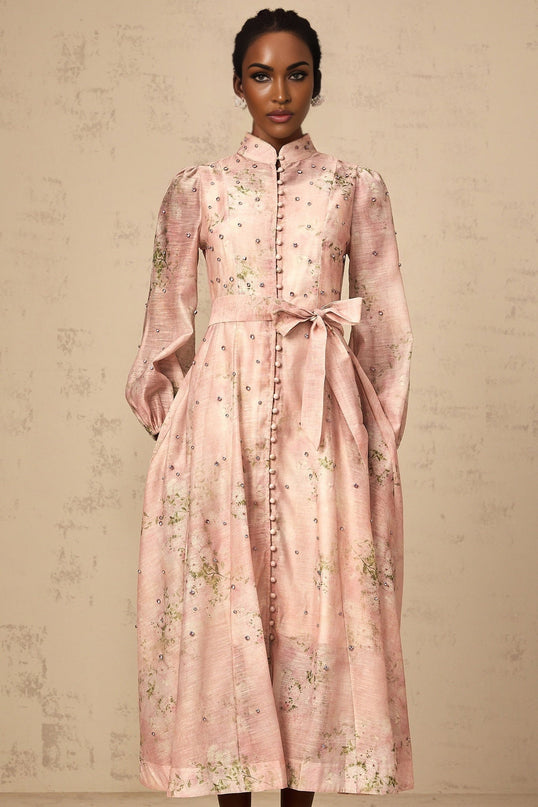 Charleigh Pink Floral Midi Dress Crystal Embellishments Puff Sleeves Mock Neck Tied Waist Floral Print Button Detailing Slip Dress Side Slit Pockets Front Button Fastening Calf Length Mixed Linen