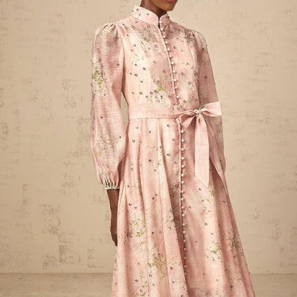 Charleigh Pink Floral Midi Dress Crystal Embellishments Puff Sleeves Mock Neck Tied Waist Floral Print Button Detailing Slip Dress Side Slit Pockets Front Button Fastening Calf Length Mixed Linen