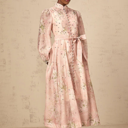 Charleigh Pink Floral Midi Dress Crystal Embellishments Puff Sleeves