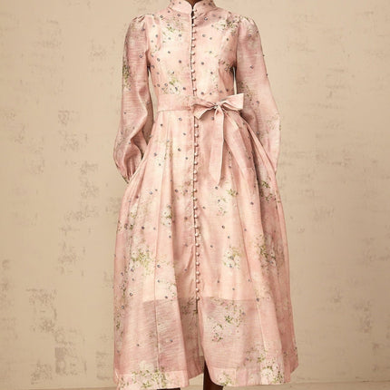 Charleigh Pink Floral Midi Dress Crystal Embellishments Puff Sleeves Mock Neck Tied Waist Floral Print Button Detailing Slip Dress Side Slit Pockets Front Button Fastening Calf Length Mixed Linen