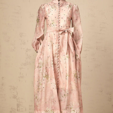 Charleigh Pink Floral Midi Dress with Crystal Embellishments and Puff Sleeves