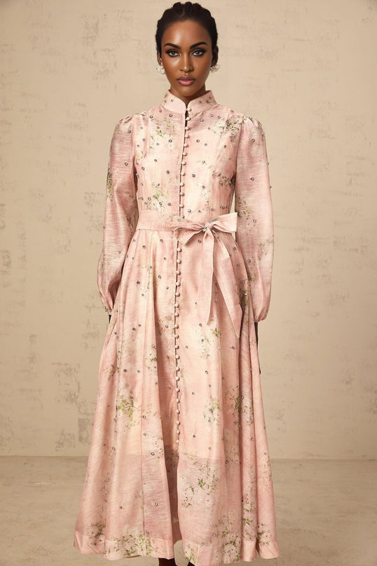 Charleigh Pink Floral Midi Dress with Crystal Embellishments and Puff Sleeves