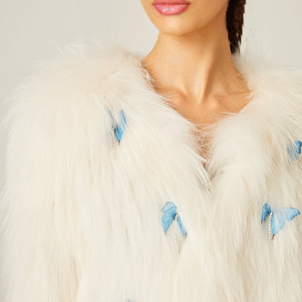 Charleigh White Faux Fur 3D Butterfly Cropped Jacket