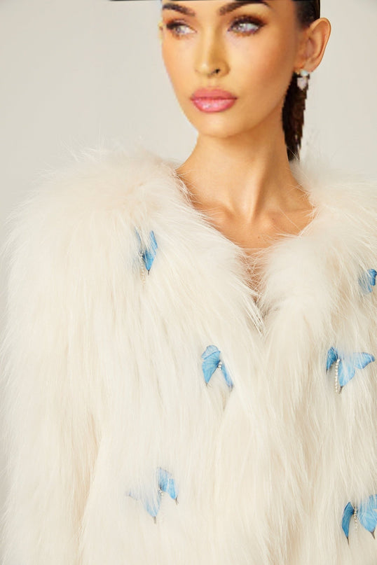 Charleigh White Faux Fur 3D Butterfly Cropped Jacket