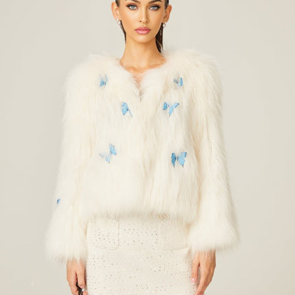 Charleigh White Faux Fur 3D Butterfly Cropped Jacket