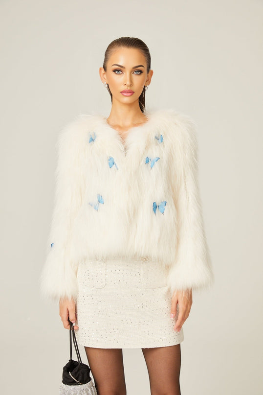 Charleigh White Faux Fur 3D Butterfly Cropped Jacket