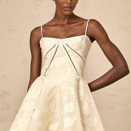 Charleigh White Jacquard Mini Dress with Lace-Up Back and Puff Skirt