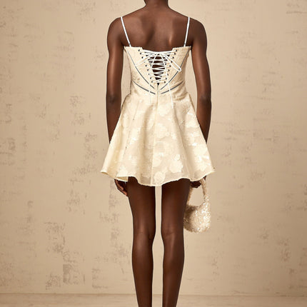 Charleigh White Jacquard Mini Dress with Lace-Up Back and Puff Skirt