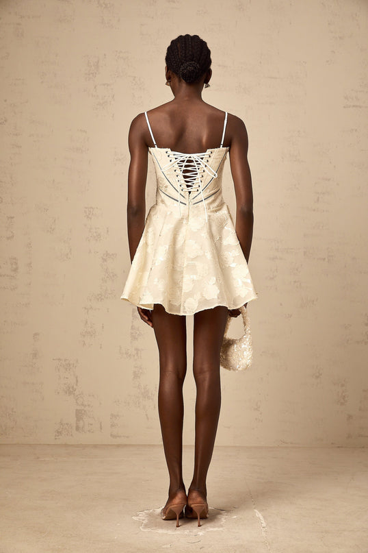Charleigh White Jacquard Mini Dress with Lace-Up Back and Puff Skirt