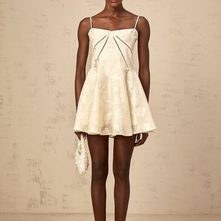 Charleigh White Jacquard Mini Dress with Lace-Up Back and Puff Skirt