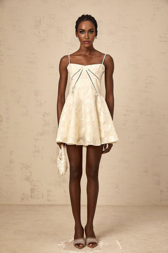 Charleigh White Jacquard Mini Dress with Lace-Up Back and Puff Skirt