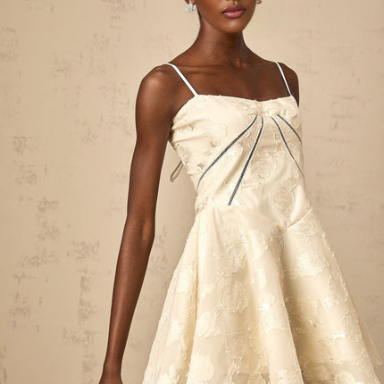 Charleigh White Jacquard Mini Dress with Lace-Up Back and Puff Skirt