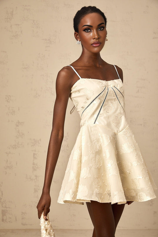 Charleigh White Jacquard Mini Dress with Lace-Up Back and Puff Skirt