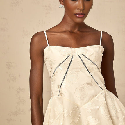 Charleigh White Jacquard Mini Dress with Lace-Up Back and Puff Skirt