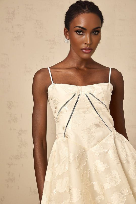 Charleigh White Jacquard Mini Dress with Lace-Up Back and Puff Skirt