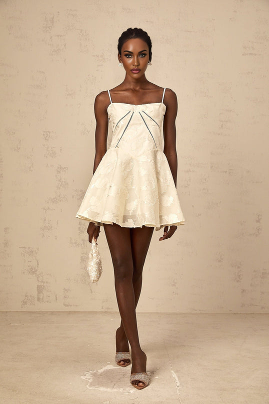 Charleigh White Jacquard Mini Dress with Lace-Up Back and Puff Skirt
