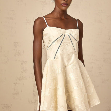 Charleigh White Jacquard Mini Dress with Lace-Up Back and Puff Skirt