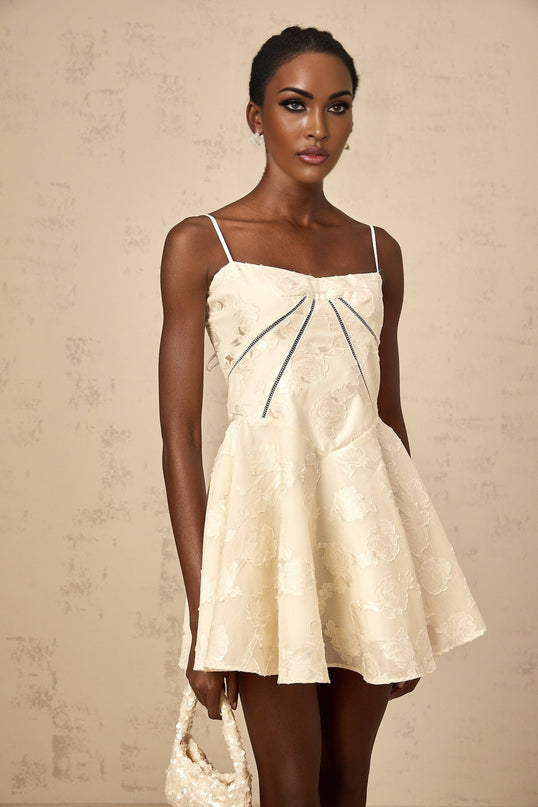 Charleigh White Jacquard Mini Dress with Lace-Up Back and Puff Skirt