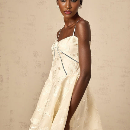 Charleigh White Jacquard Mini Dress with Spaghetti Straps and Puff Skirt