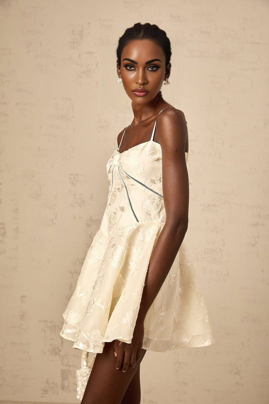 Charleigh White Jacquard Mini Dress with Spaghetti Straps and Puff Skirt