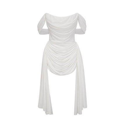 Charleigh White Mini Dress Ribbon Ruched Layered