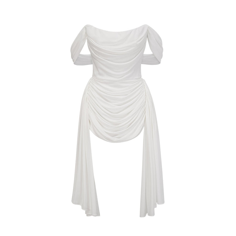 Charleigh White Mini Dress Ribbon Ruched Layered