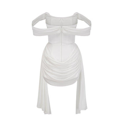 Charleigh White Mini Dress Ribbon Ruched Layered