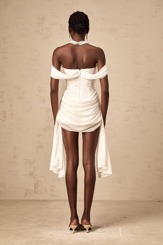 Charleigh White Mini Dress Ribbon Ruched Layered
