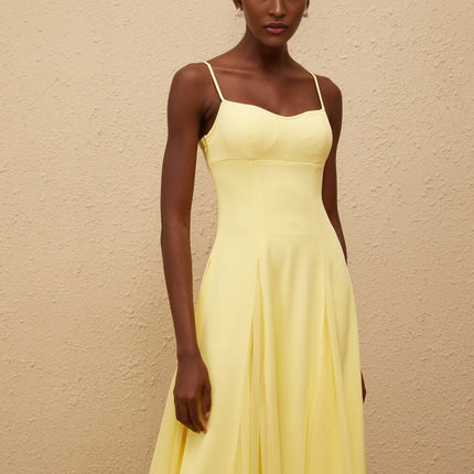 Charleigh Yellow Maxi Dress Scoop Back Pleated Detailing Side Zip Fastening Built-in Cups Bra Adjustable Straps Luxurious Terylene Fiber