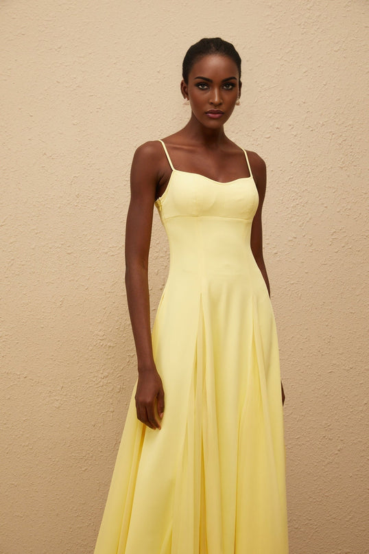 Charleigh Yellow Maxi Dress Scoop Back Pleated Detailing Side Zip Fastening Built-in Cups Bra Adjustable Straps Luxurious Terylene Fiber