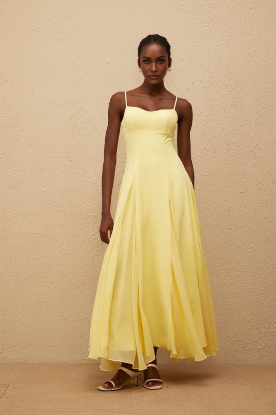Charleigh Yellow Maxi Dress with Scoop Back and Pleated Detailing