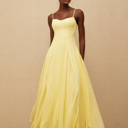 Charleigh Yellow Maxi Dress Scoop Back Pleated Detailing Side Zip Fastening Built-in Cups Bra Adjustable Shoulder Straps 100% Terylene Fiber