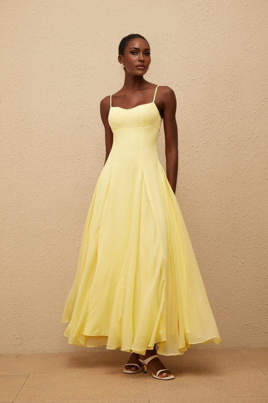 Charleigh Yellow Maxi Dress Scoop Back Pleated Detailing Side Zip Fastening Built-in Cups Bra Adjustable Shoulder Straps 100% Terylene Fiber