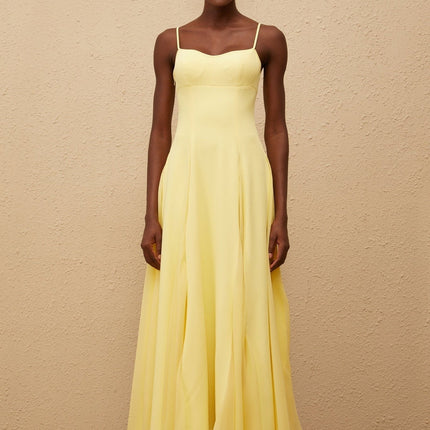Charleigh Yellow Maxi Dress Scoop Back Adjustable Straps Pleated Detailing Side Zip Fastening Built-in Cups Bra Maxi Length Terylene Fiber Opulence Elegance