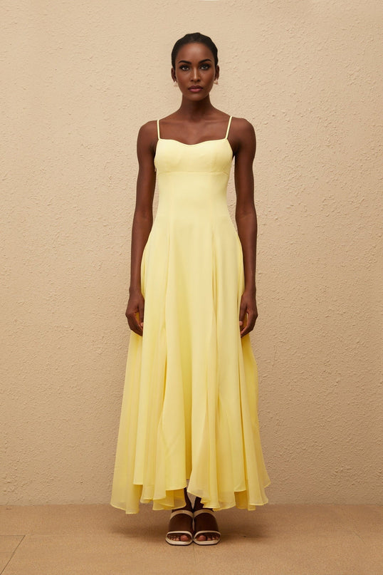Charleigh Yellow Maxi Dress Scoop Back Adjustable Straps Pleated Detailing Side Zip Fastening Built-in Cups Bra Maxi Length Terylene Fiber Opulence Elegance